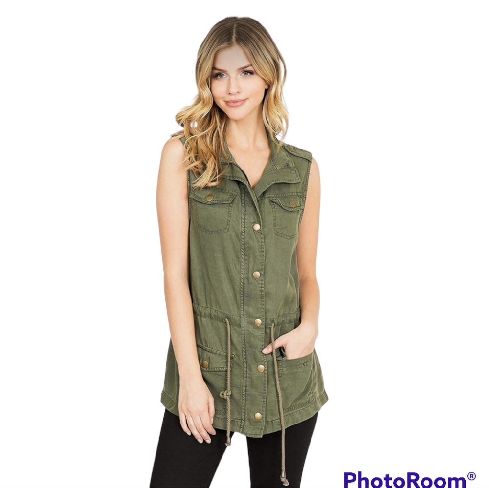 Celebrity Pink Women's Lightweight Trendy Cargo Vest w Drawstring (Olive)